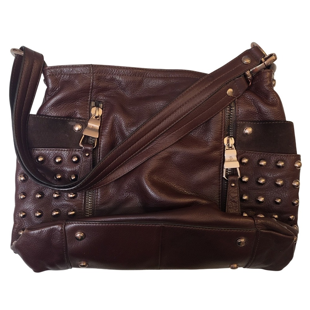 B. Makowsky Brown Pebbled Leather Studded Crossbody Bag Leopard Lining
